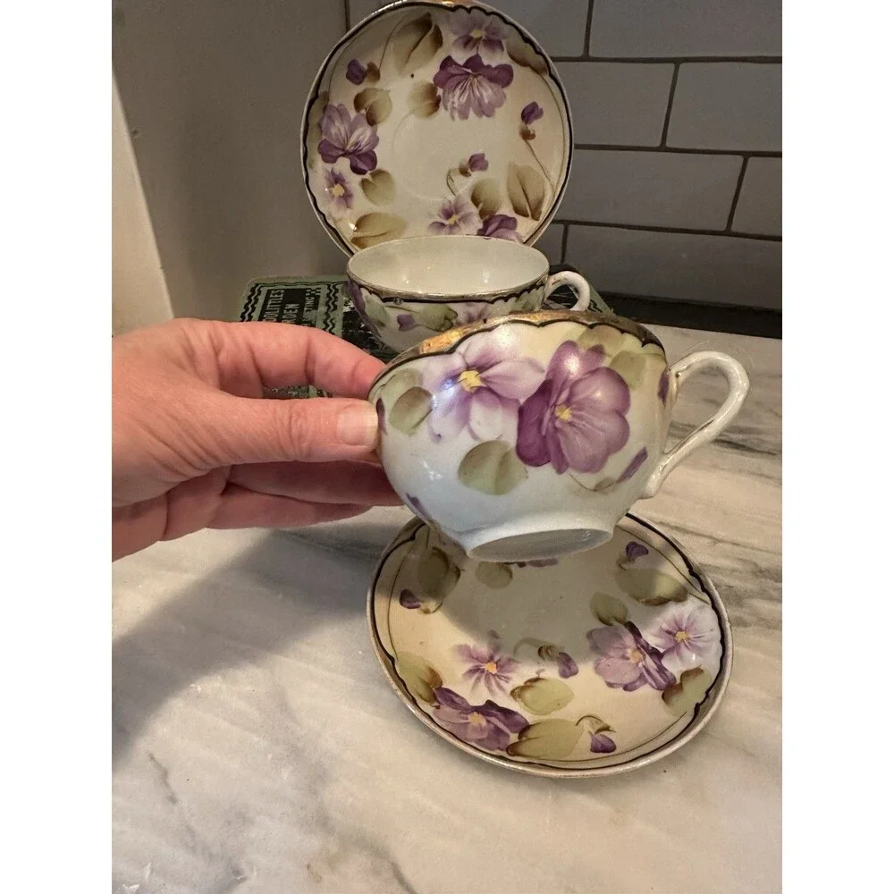 Vtg Nippon Porcelain 2 Tea Cups & Saucer Set Purple Violet Floral with Gold Trim